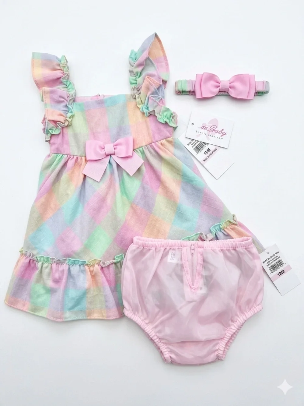 NWT Bonnie Baby 3-Piece Pastel Plaid Dress Set with Headband - 18M - Picture 2 of 11
